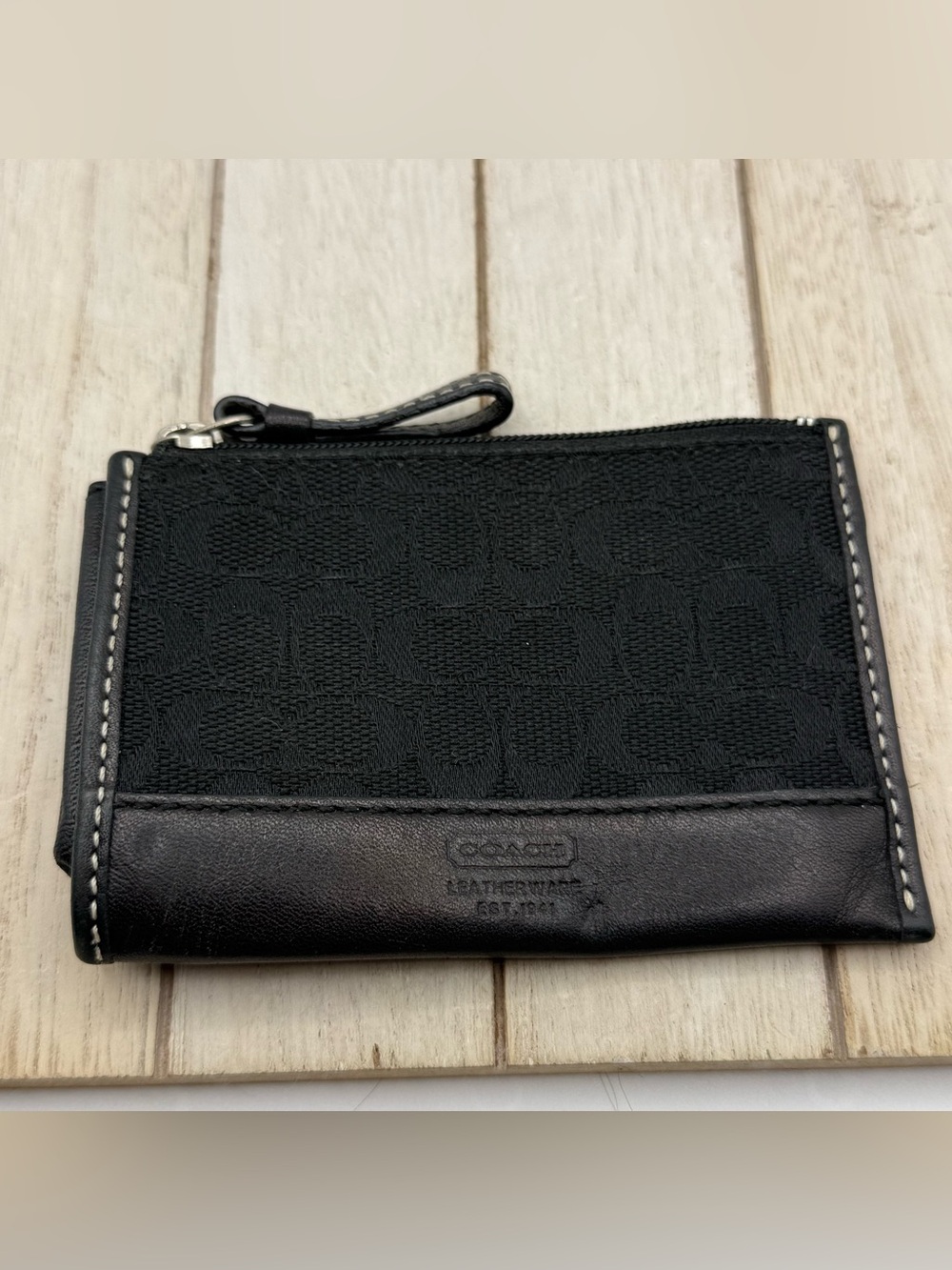 Small Coach Black Signature Zip Wristlet Card Case